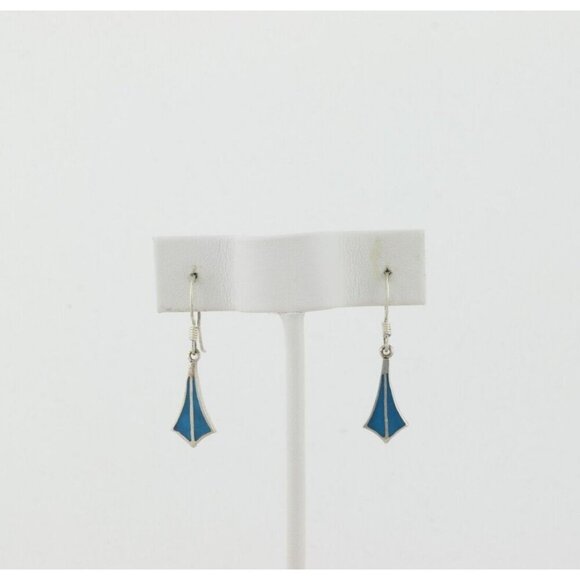 Sterling Silver Inlay Turquoise Earrings Dangle Drop 1 1/4" x 1/4" - Picture 3 of 8